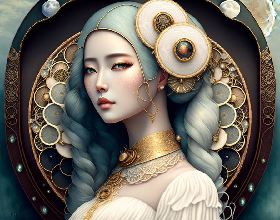 Illustrated portrait of woman with pale blue hair and elaborate gold jewelry
