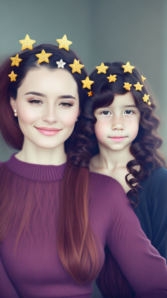 Two girls with starry headbands and curly hair in soft background.