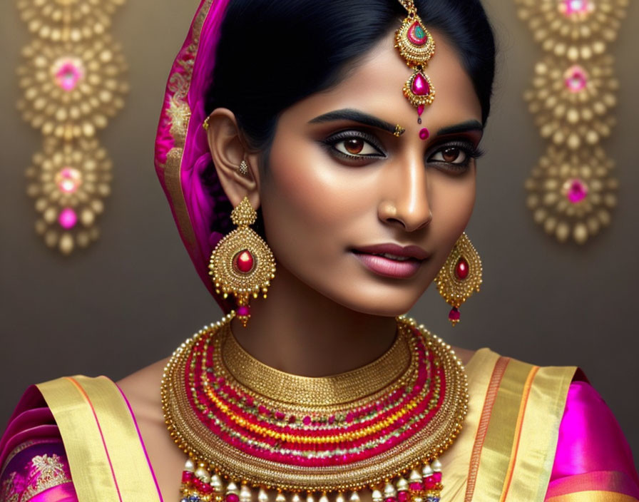 Pretty Indian woman with long earrings and necklac