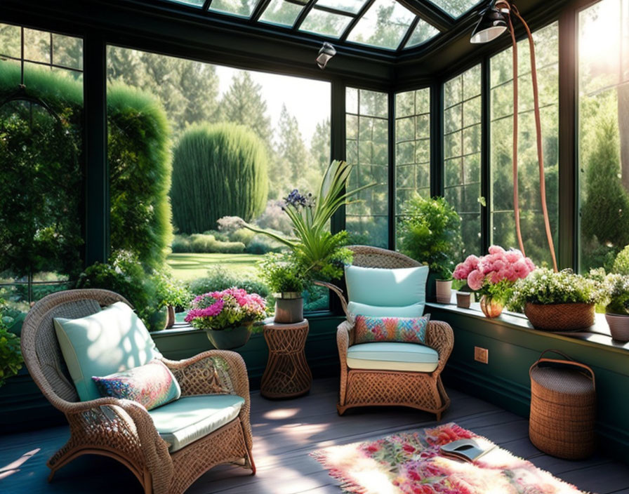 Sunroom with wicker furniture and plants under glass roof overlooking garden