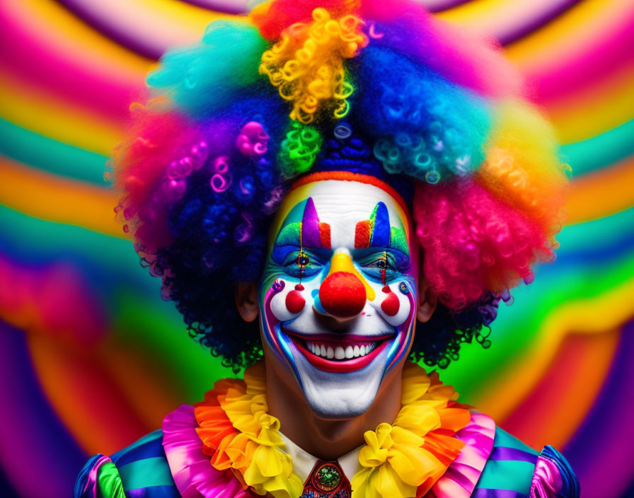 One gorgeous happy clown with curly hair, an explo