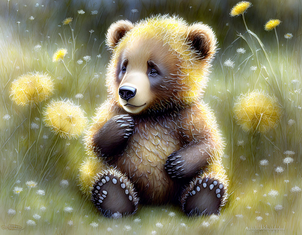 Baby bear, field of dandelions, inspired by the an