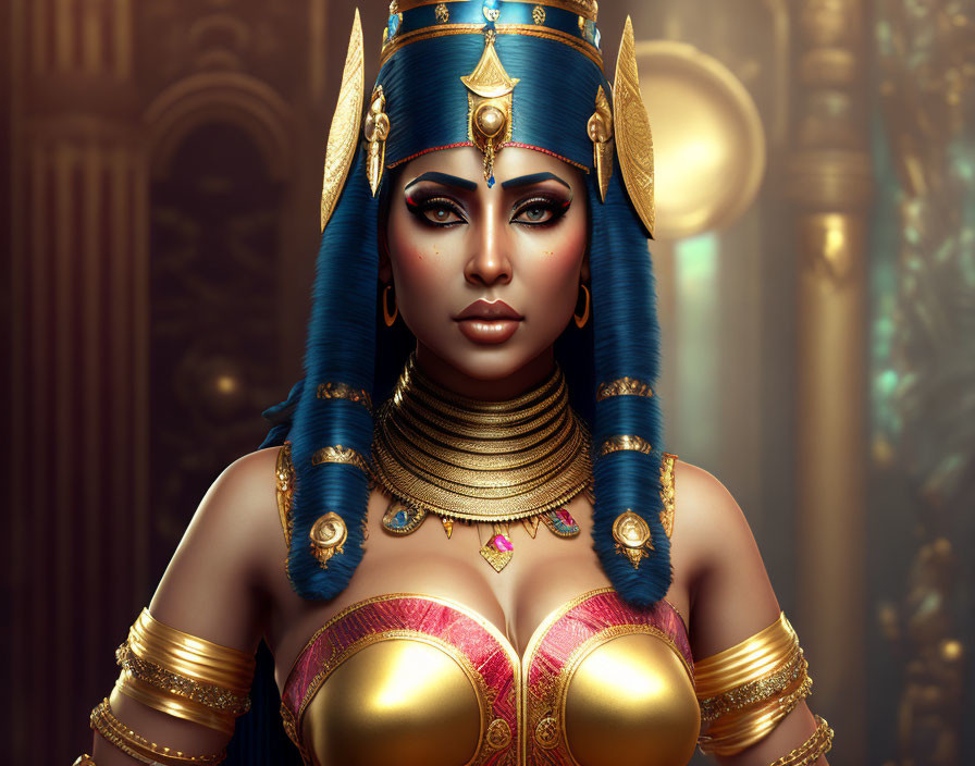 Illustration of woman as Egyptian queen with golden headdress & blue attire