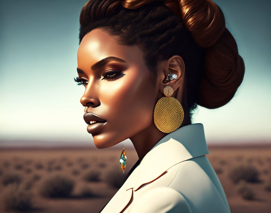 Digital Artwork: Woman with Elaborate Hairstyle and Desert Background
