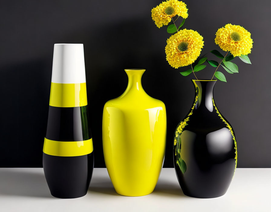 3 different size vases in black with yellow flower