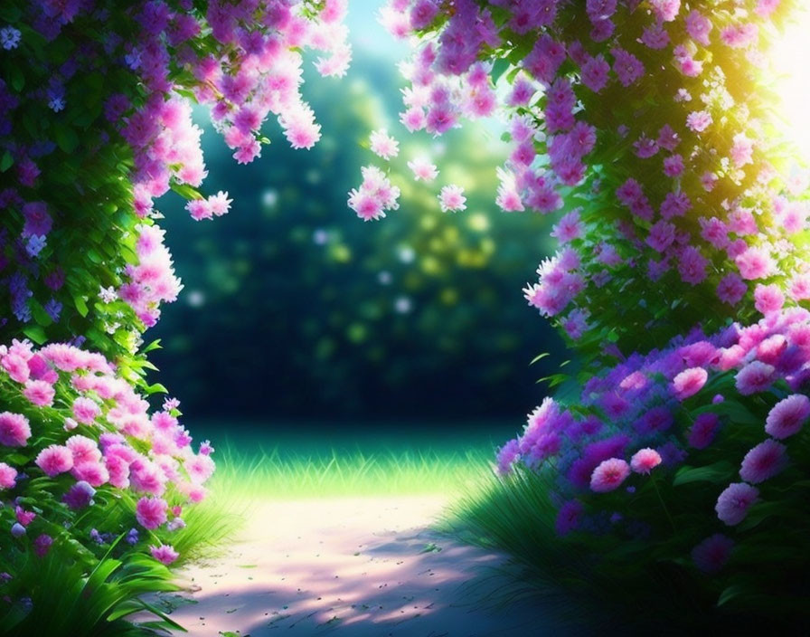 Lush Greenery and Pink Flowers Along Dreamy Pathway