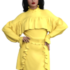 Dark-haired person in yellow outfit with bangs on gray background