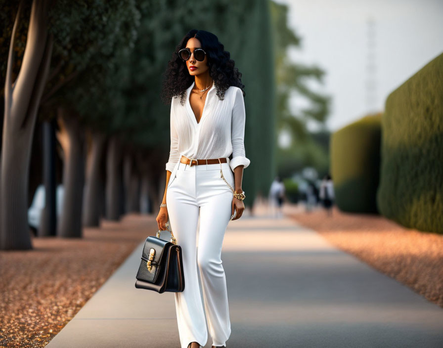 Woman in a long,white pants,curly dark hair,small 