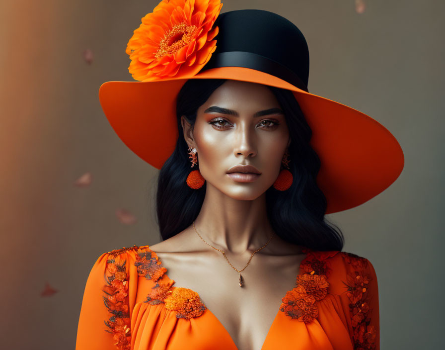 Woman in orange dress,black top and hat with autum