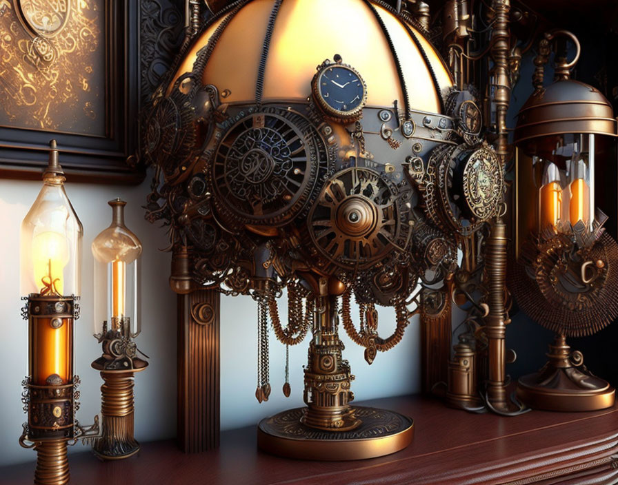 Detailed steampunk illustration with gears, cogs, lamps, and central clock.