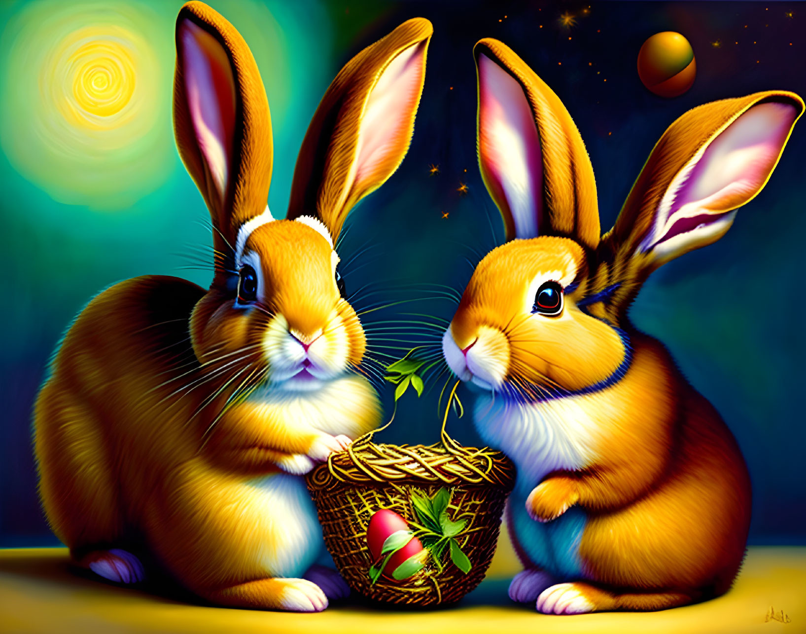 Colorful Cartoon Rabbits with Easter Egg in Cosmic Background