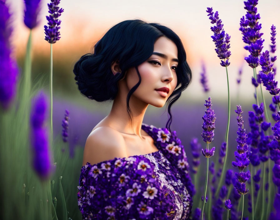 Dark-Haired Woman in Purple Floral Dress Surrounded by Lavender Flowers at Dusk