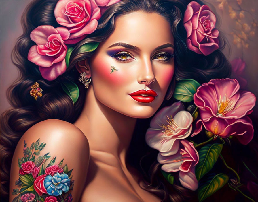 Portrait of woman with floral tattoos, red lips, flowers in hair, star on cheek