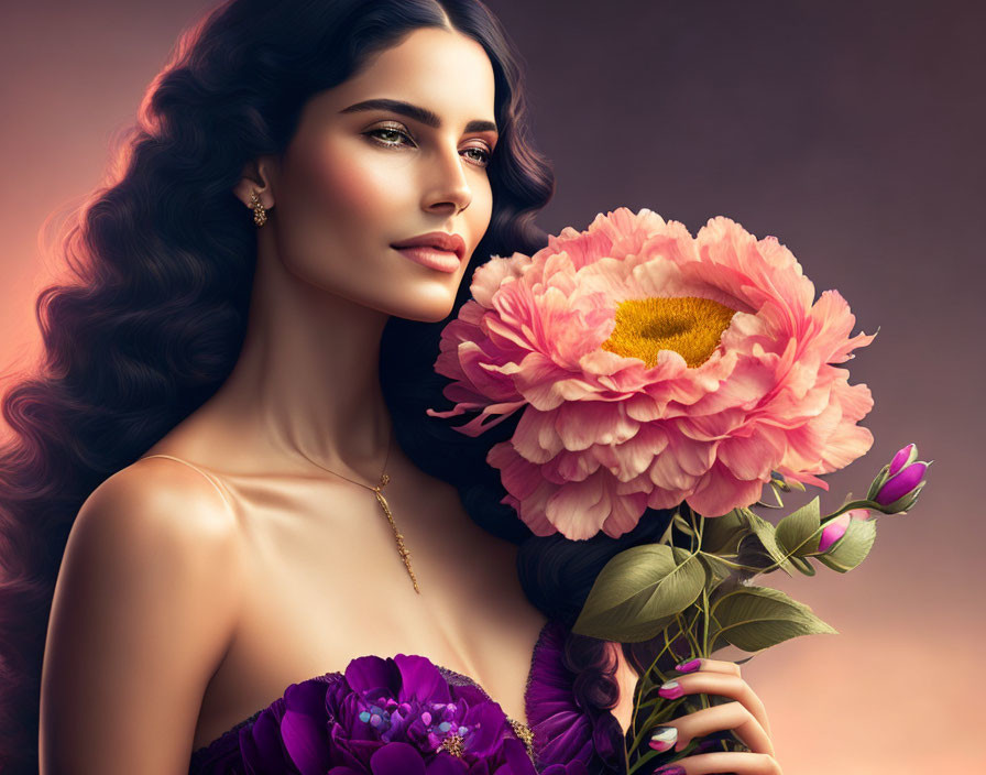 Dark-haired woman with pink flower against purple and peach backdrop