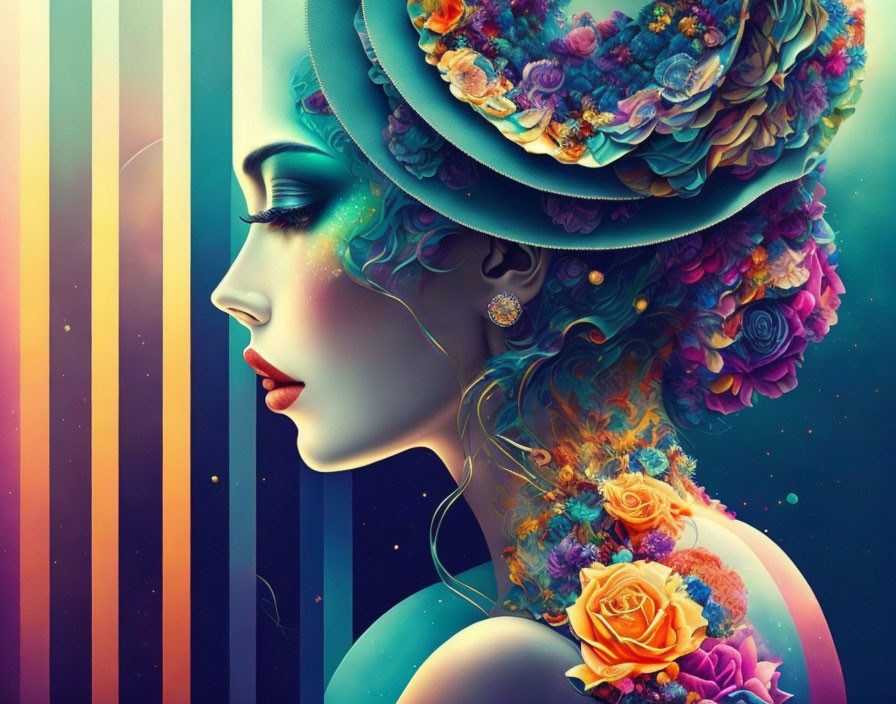 Colorful profile illustration with floral hair and gradient background.