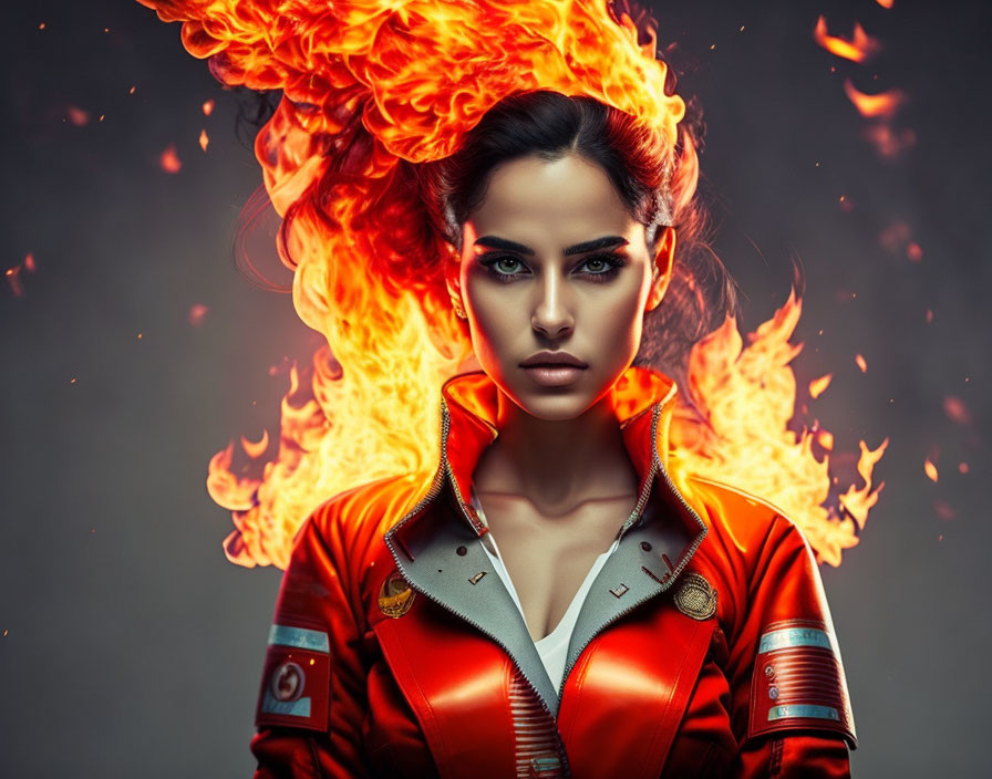 Woman in red jacket with fierce eyes and fiery backdrop.