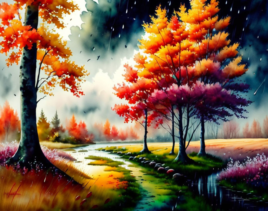 Autumn Landscape, Colorful Trees, Autumn Flowers, 