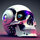 Robotic skull with blue eye on purple background