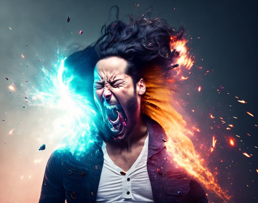 Long-haired man screams with blue and orange energy.
