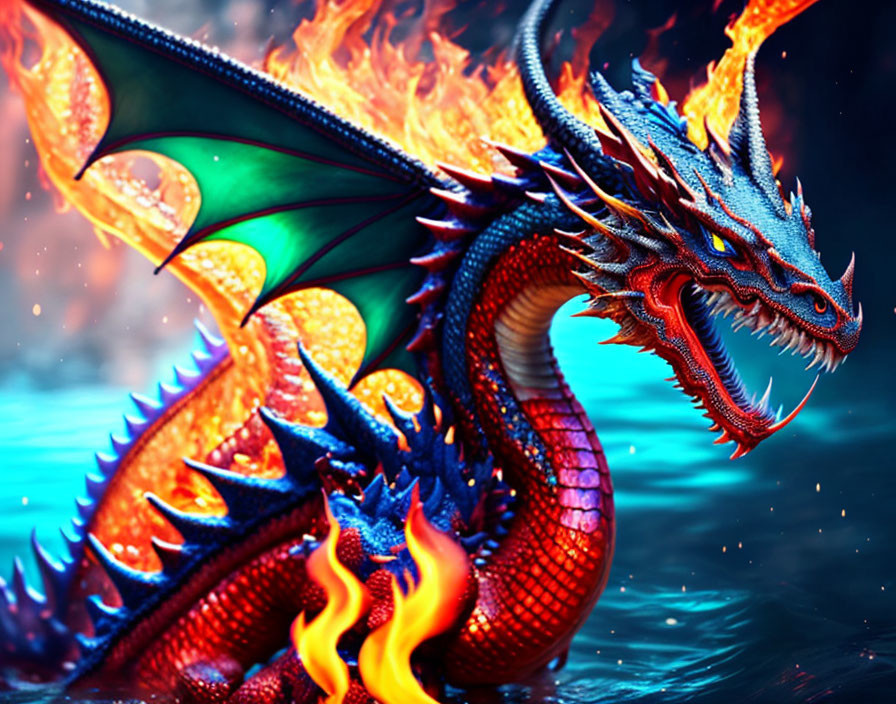 Vibrant digital artwork: fierce blue dragon with fiery orange wings and scales, breathing fire over mystical