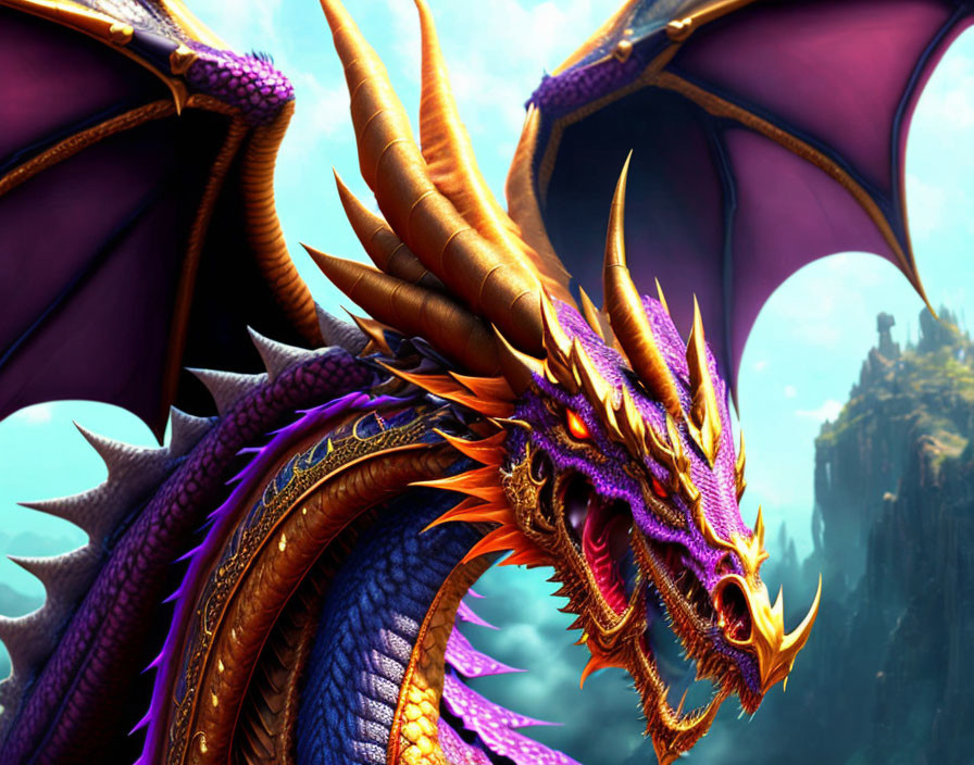 Purple and Orange Dragon with Extended Wings in Mountain Landscape