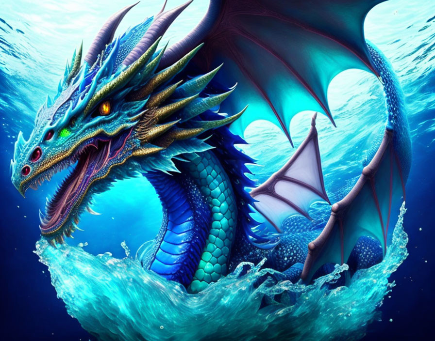 Blue Dragon Emerges from Ocean Waves with Large Wings and Horns