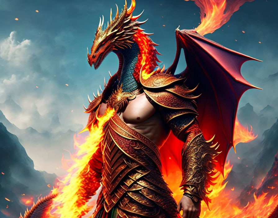 Majestic dragon-human hybrid in ornate armor surrounded by flames