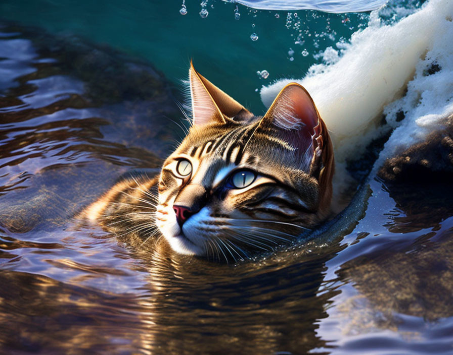 Tabby cat edited into water with crashing wave, creating illusion of swimming.