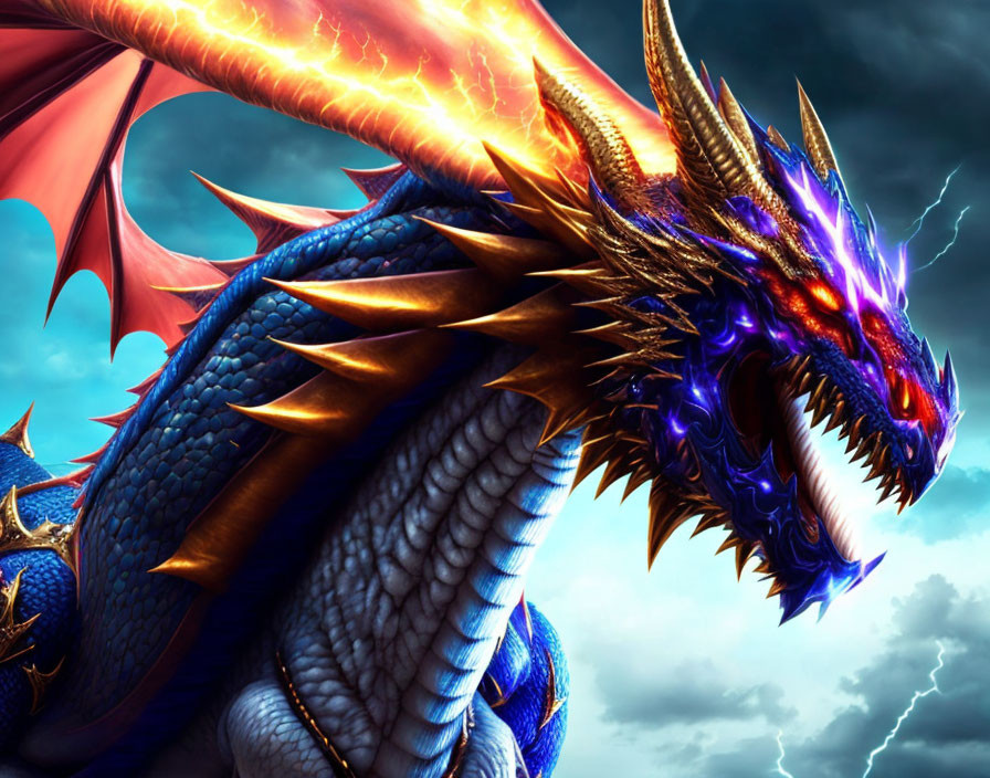 Blue Dragon with Purple Eyes and Golden Spikes in Stormy Sky