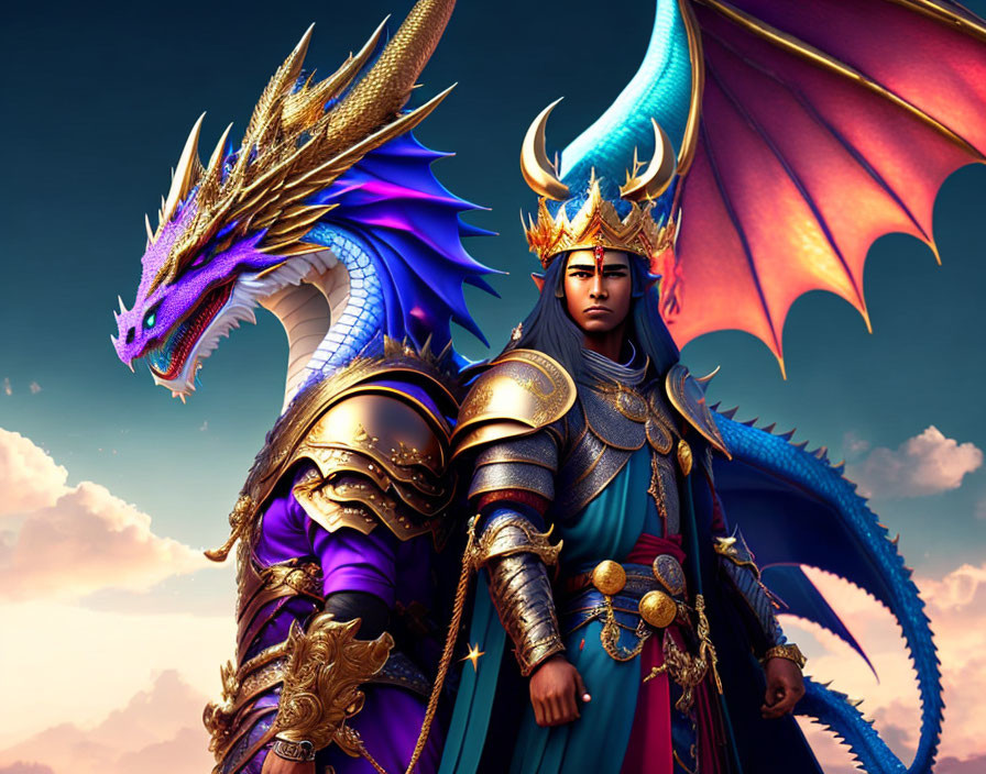 Regal figure in ornate armor with majestic blue dragon at dusk