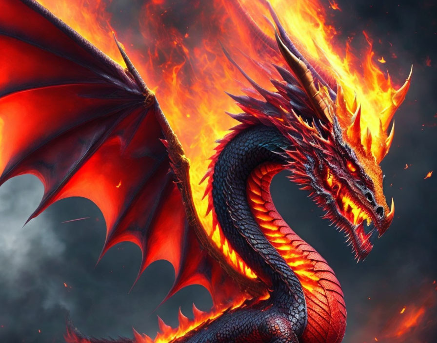 Fiery red dragon with spread wings and flames in dramatic sky