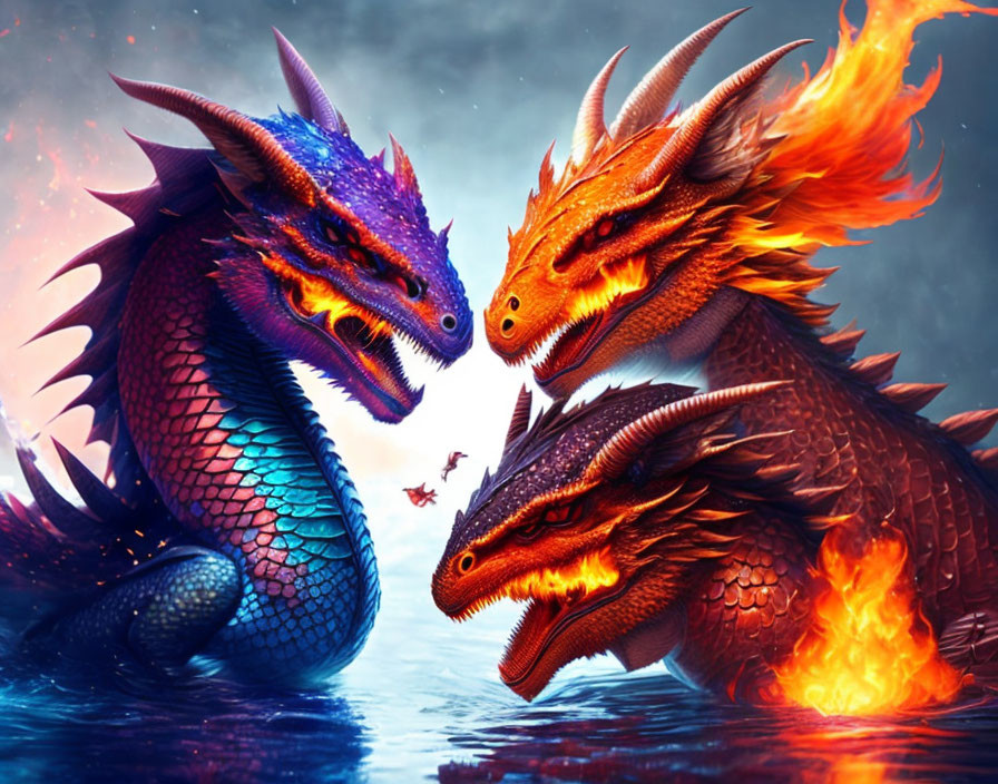 Three dragons with blue, orange, and red scales in fiery scene.