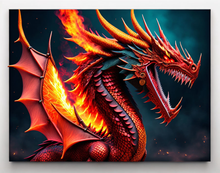 Fiery red dragon with open wings and breath of fire on dark background