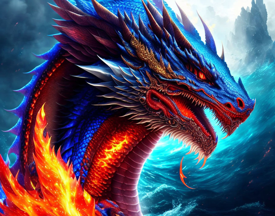 Colorful Blue and Red Dragon Artwork in Stormy Seascape