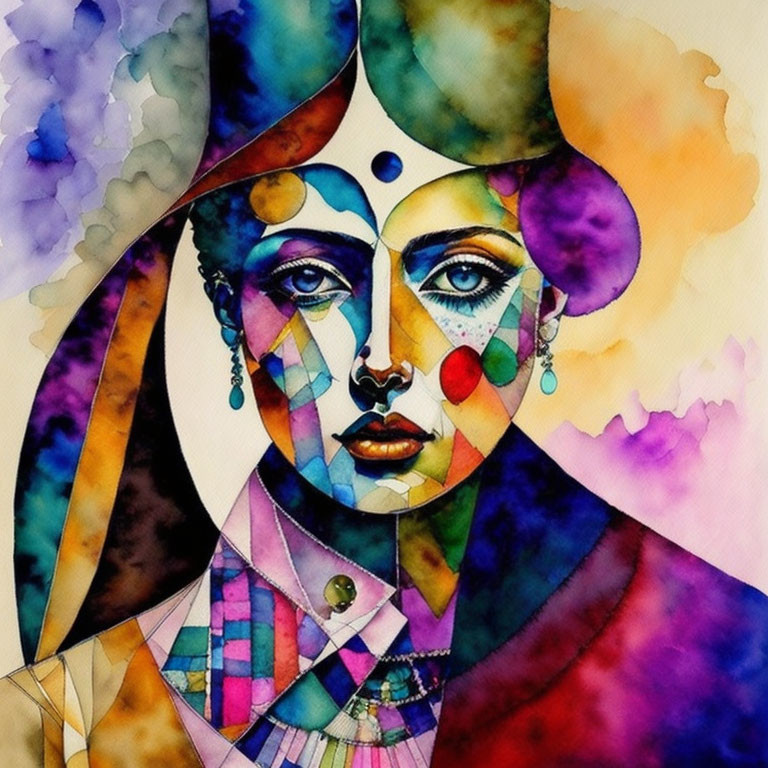 Abstract Watercolor Painting: Woman's Face with Geometric Shapes