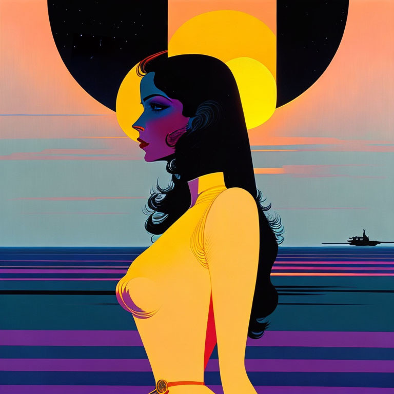 Stylized woman profile against vibrant sunset with surreal pop art blend