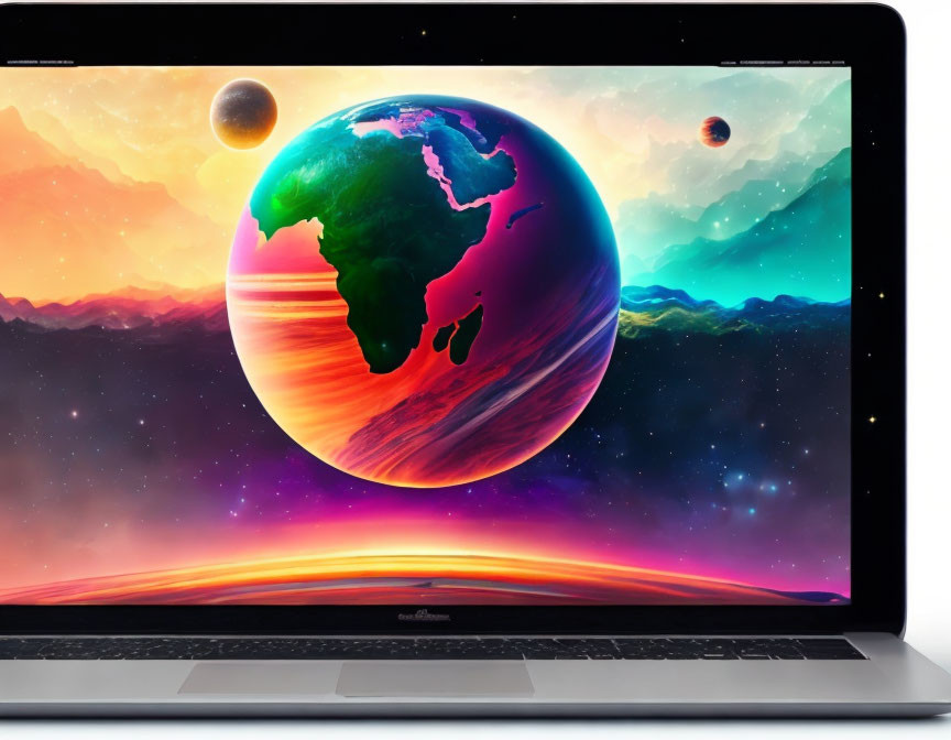 Colorful outer space wallpaper with large Earth on laptop screen