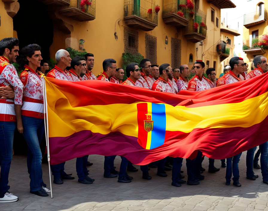 Traditional Attire Group with Spanish Flag in Procession