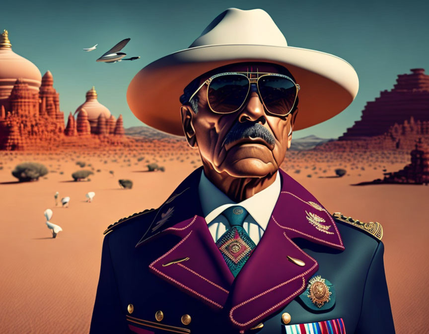 Stylized military figure in uniform with sunglasses and hat in desert landscape with temples, birds, flaming