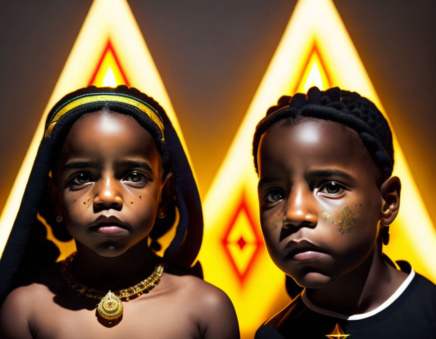 Children with adornments pose against glowing triangular symbols.