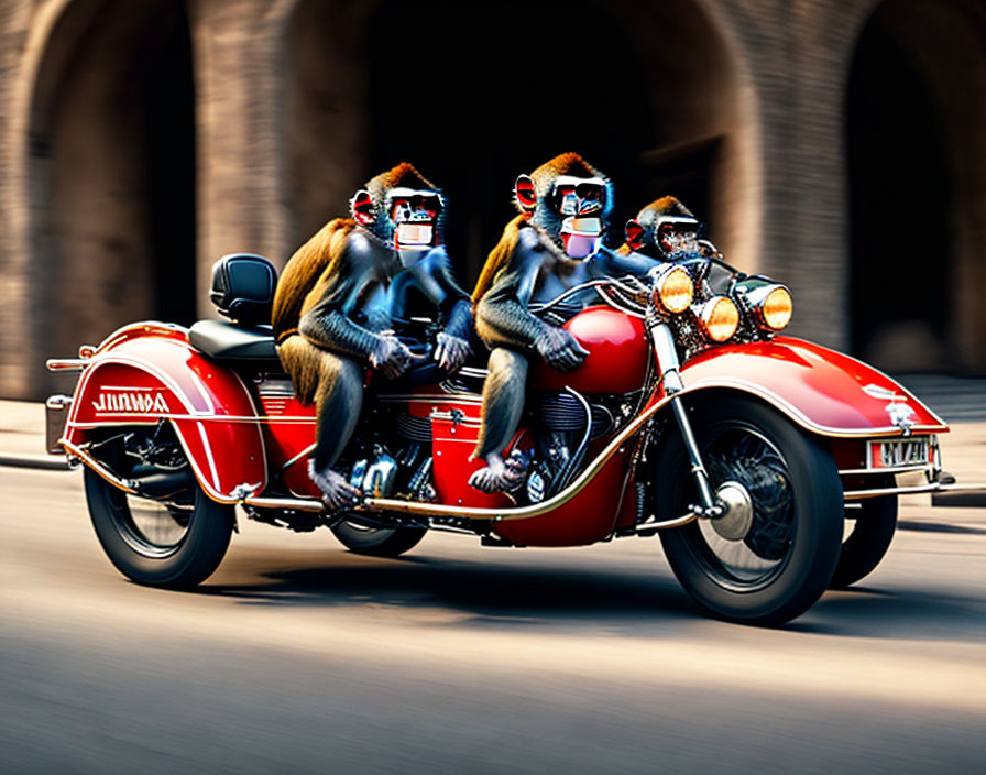 Three baboons in sunglasses on red motorcycle with sidecar speeding through archway.