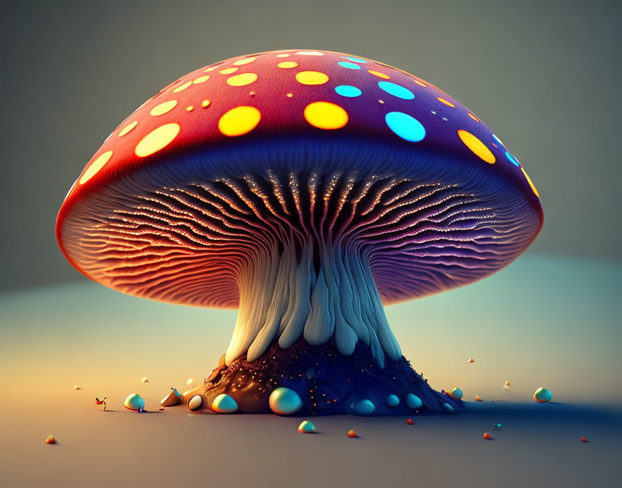 Colorful digital artwork: Red-capped mushroom with luminous spots and intricate gills