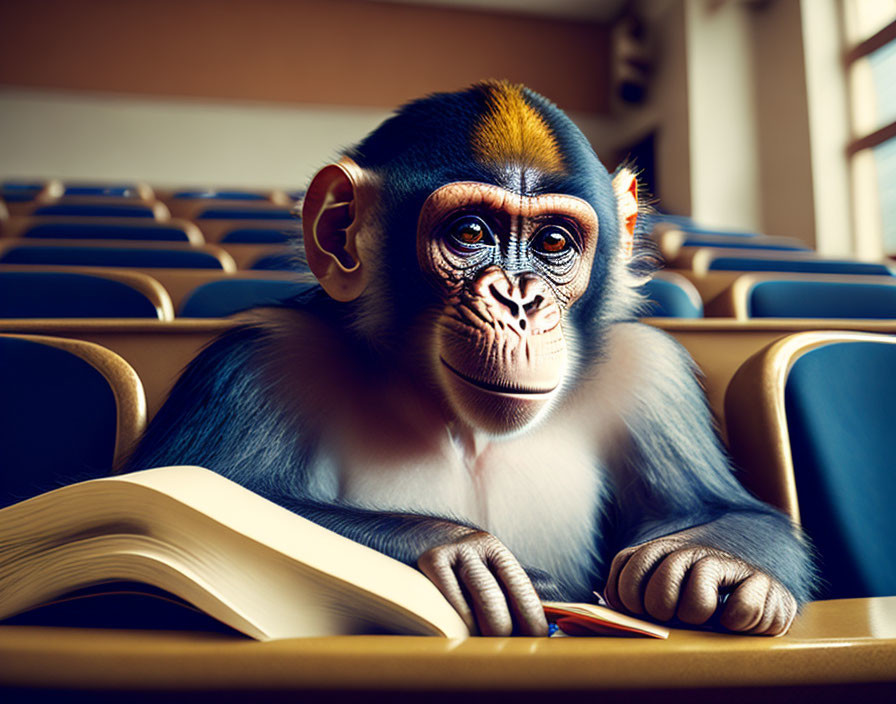 Monkey with Unique Facial Markings Reading Book in Lecture Hall