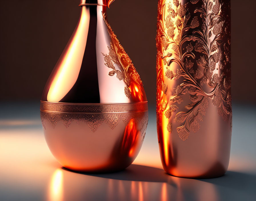 Ornate Copper Vases with Intricate Designs on Warm Background