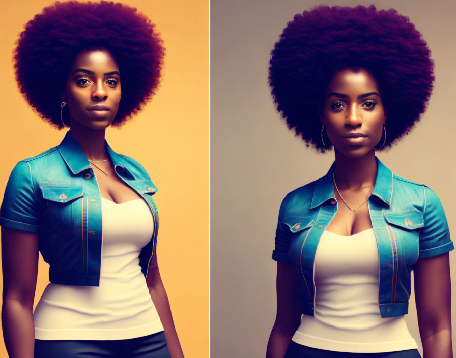 Woman with Afro Hair in Denim Jacket on Yellow Background