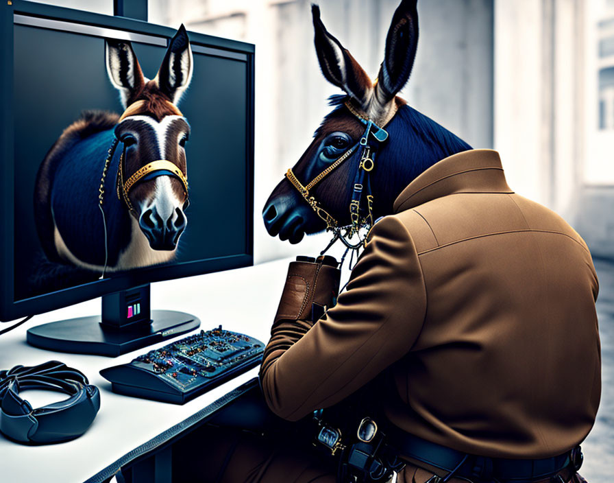 Person in donkey mask at desk with monitor displaying same head, audio equipment.