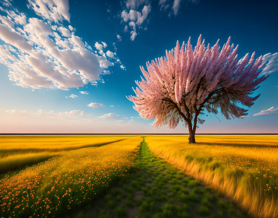 Cherry Tree in Yellow Meadow with Trail at Sunset
