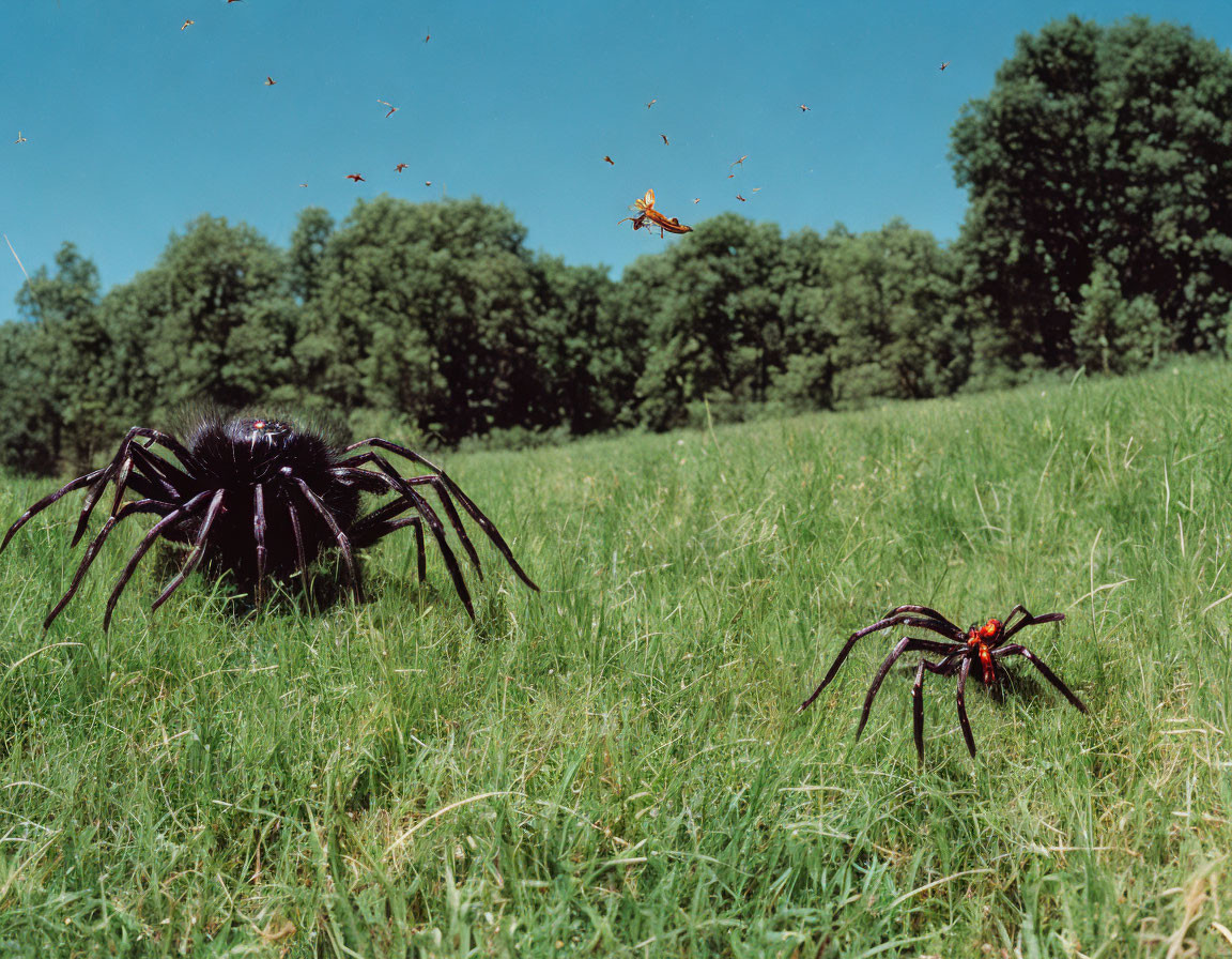 Surreal image: Oversized spiders in grassy field with clear blue sky