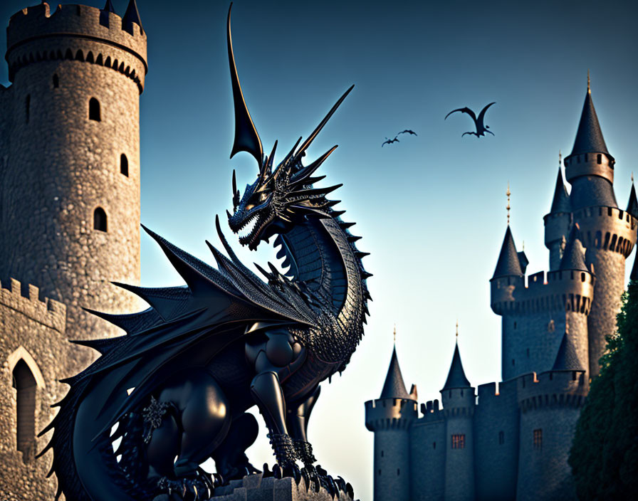 Black dragon in front of castle at dusk with flying dragons in serene sky