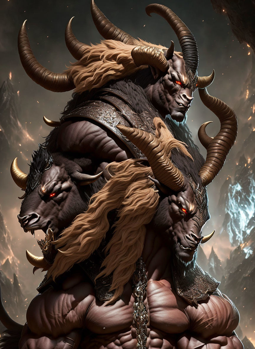 Fantasy creature with multiple heads, horns, and chain, against mountain backdrop